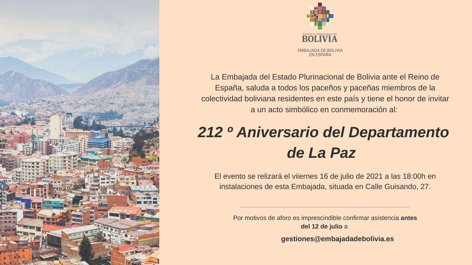 212º Aniversario del Departamento de La Paz – Embajada de Bolivia en España